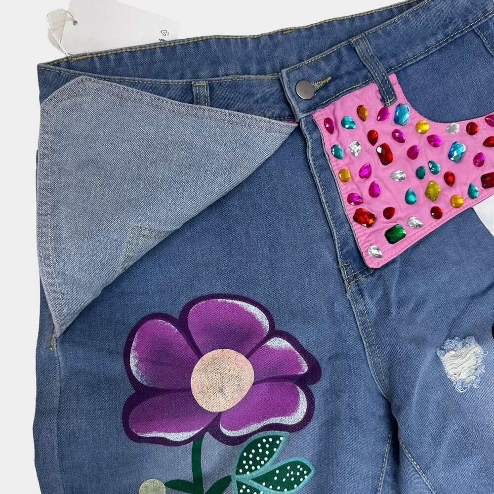 Women Ripped Jeans Straight Cut Boyfriend Size M Rhinestones Multicolor Prints - Picture 6 of 14